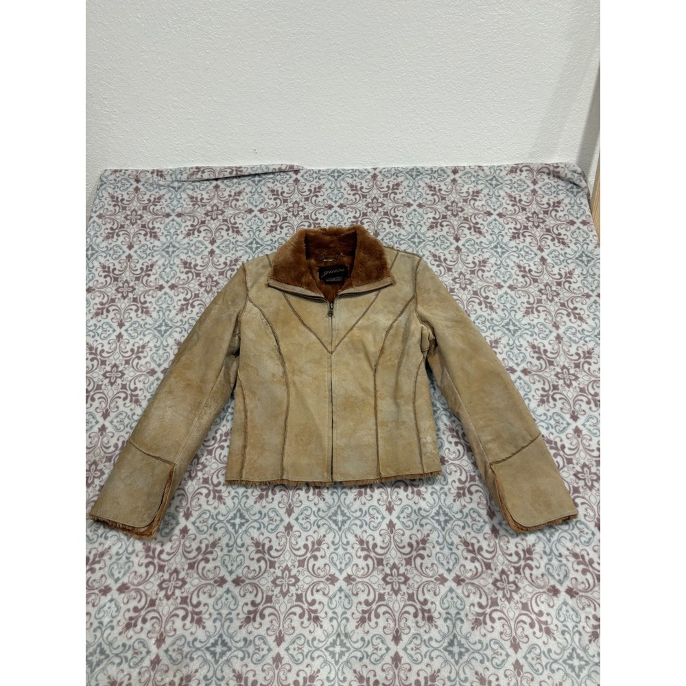 Guess Womens Tan Genuine Leather Faux Fur Lined Jacket Zip Up Y2K Size M